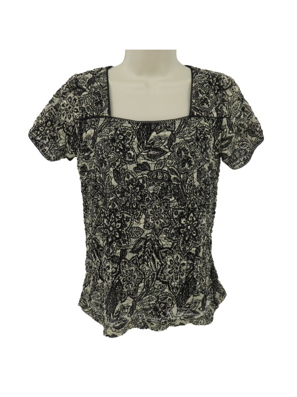 East 5th Women Medium Square Neck Black Cream Floral Scrunched Shirt Top Blouse